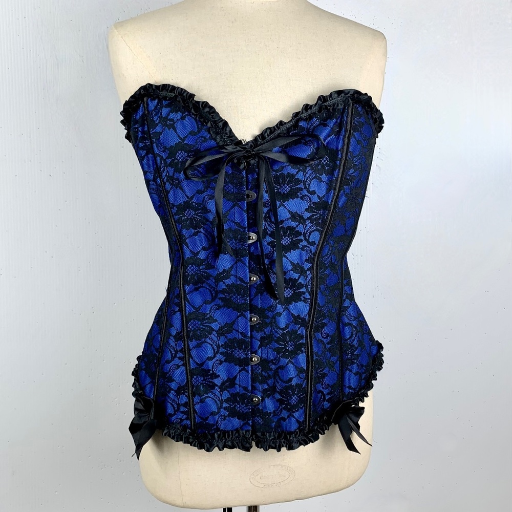 4xl Corset Black Lace Covered Bright Blue Satin Stays Hook Closure Lace Up Fit